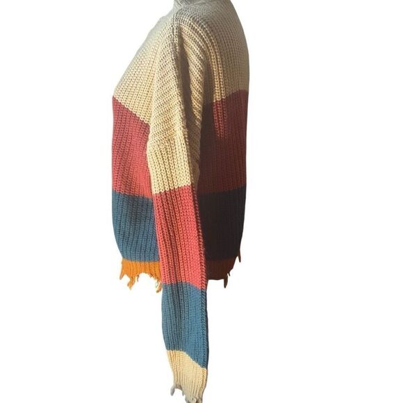 Derek Heart Colorblock Distressed Cropped  VNeck Sweater, L - Picture 4 of 16